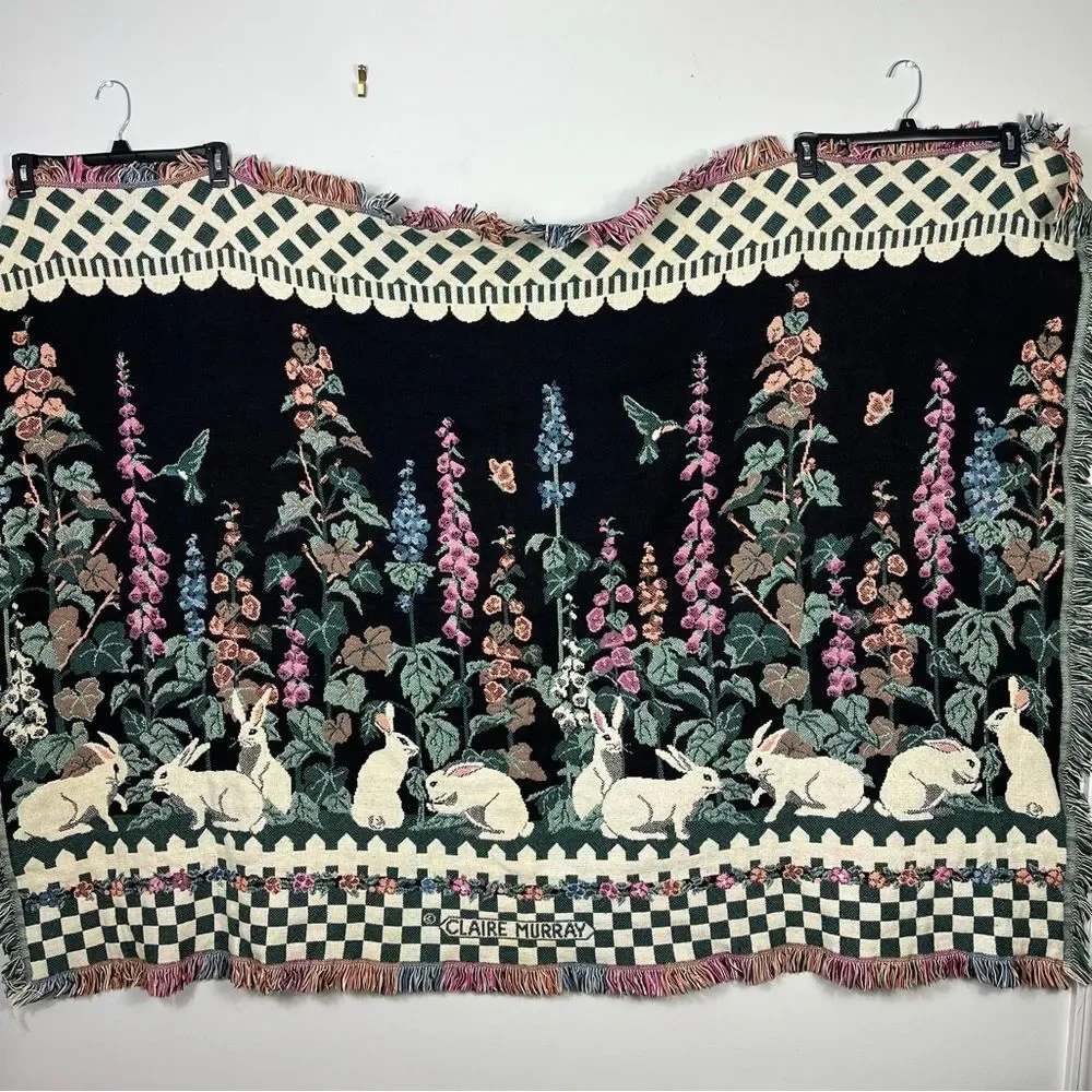 Claire Murray Tapestry Blanket Throw Easter Rabbit Cottage 46 x 63 Vintage